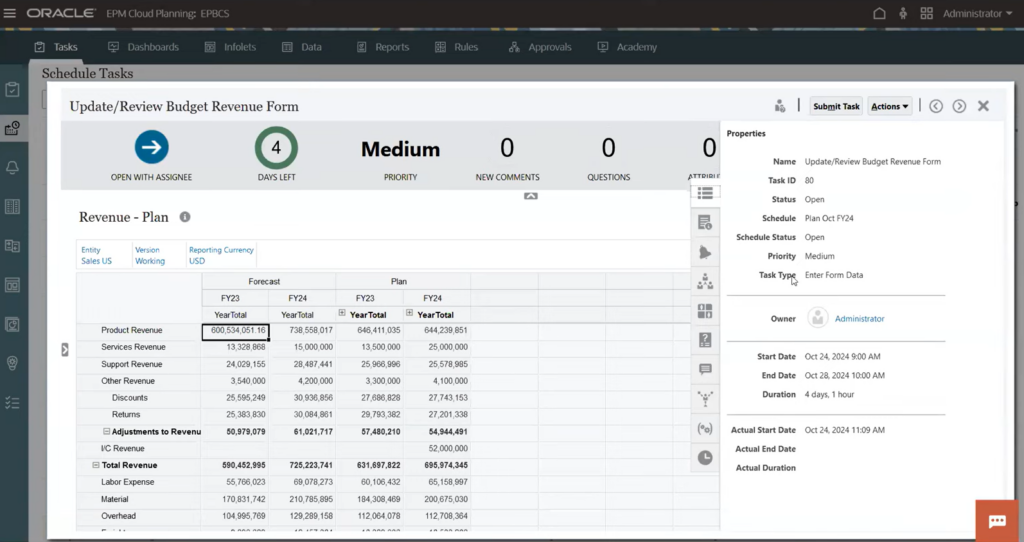 Task Manager Update and Review Budget Form